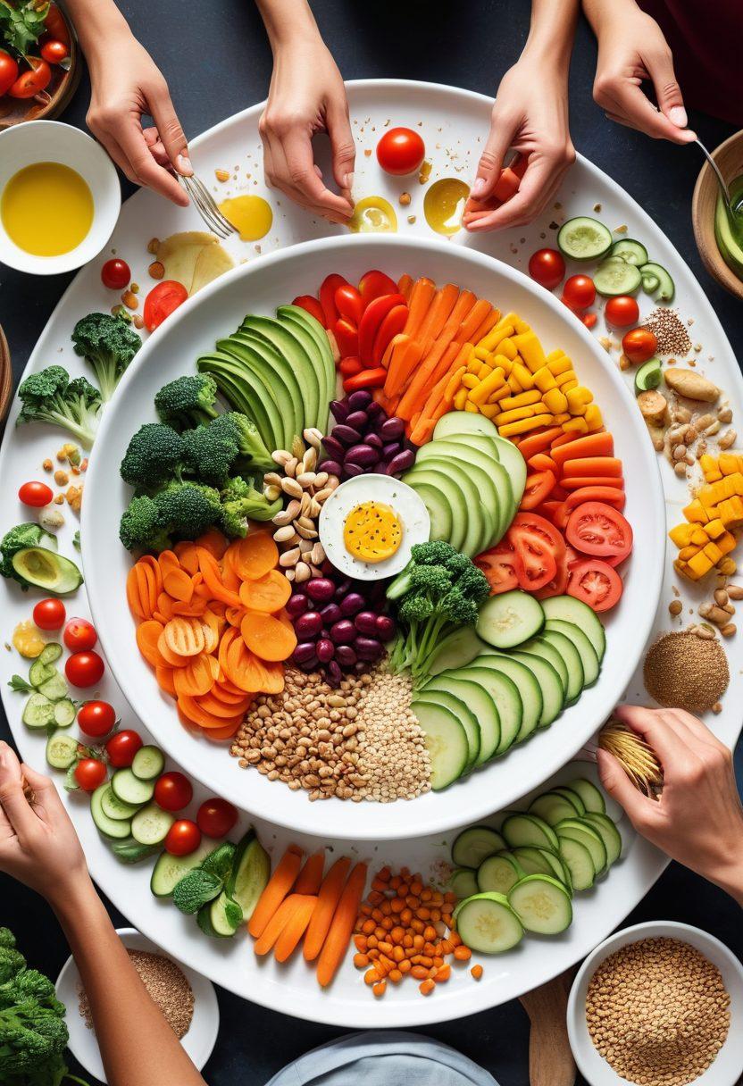 A colorful plate filled with vibrant, nutrient-dense foods like fresh vegetables, whole grains, and lean proteins, surrounded by joyful people sharing a meal. In the background, illustrations of common food sensitivities like gluten-free and dairy-free labels can be subtly integrated. Warm, inviting lighting enhances the cheerful atmosphere, reflecting positivity and health. super-realistic. vibrant colors. bright background.