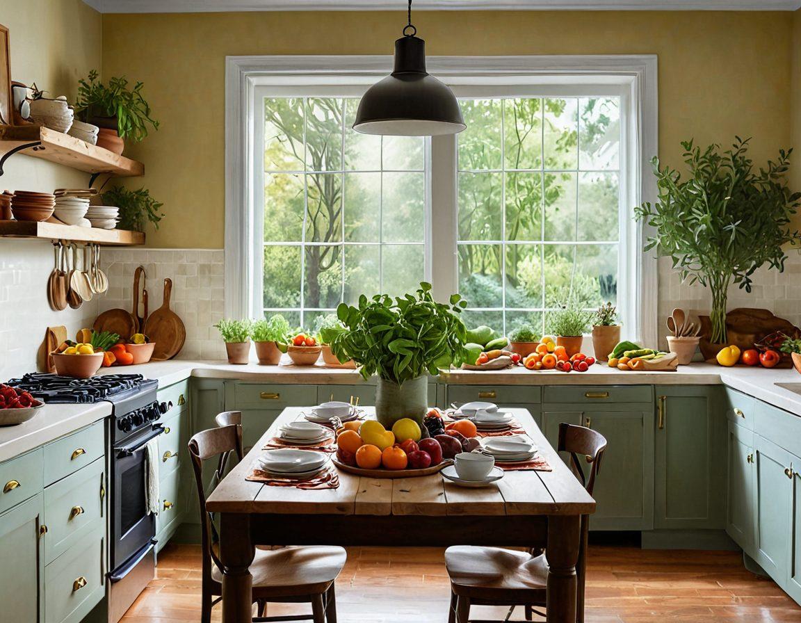 A serene kitchen scene showcasing a beautifully arranged table filled with vibrant, colorful fruits, vegetables, and wholesome meals emphasizing natural ingredients. Soft morning light filters in, casting a warm glow over the setting, with an open cookbook displaying simple, mindful recipes in the background. A touch of greenery, like potted herbs, enhances the atmosphere of tranquility and health. painting. vibrant colors. natural light.